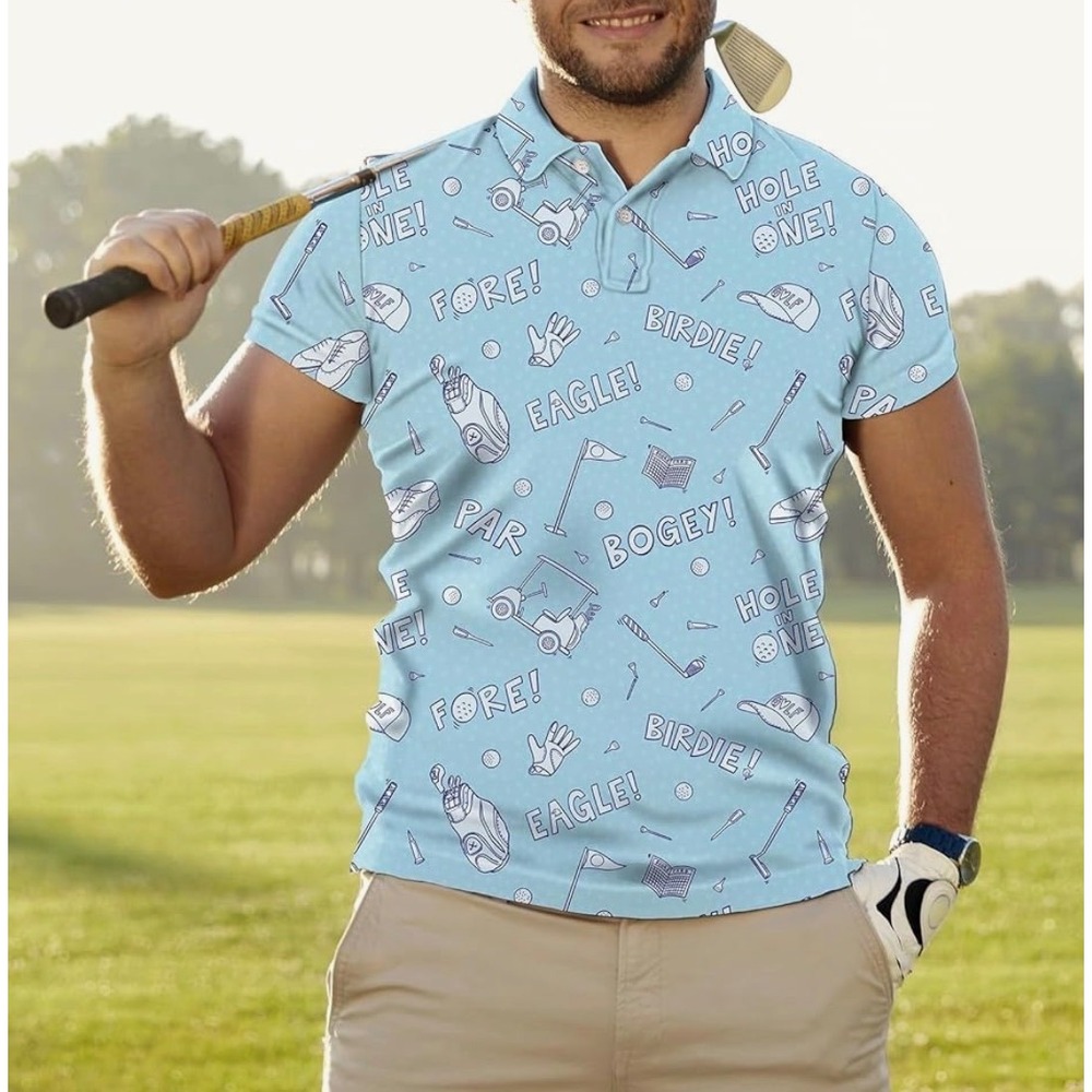 Sportbull Mens XL Light Blue Golf Graphic Print Short Sleeve Polo Shirt Birdie